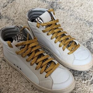 P448 White High-Top Sneakers with Gold Glitter Laces